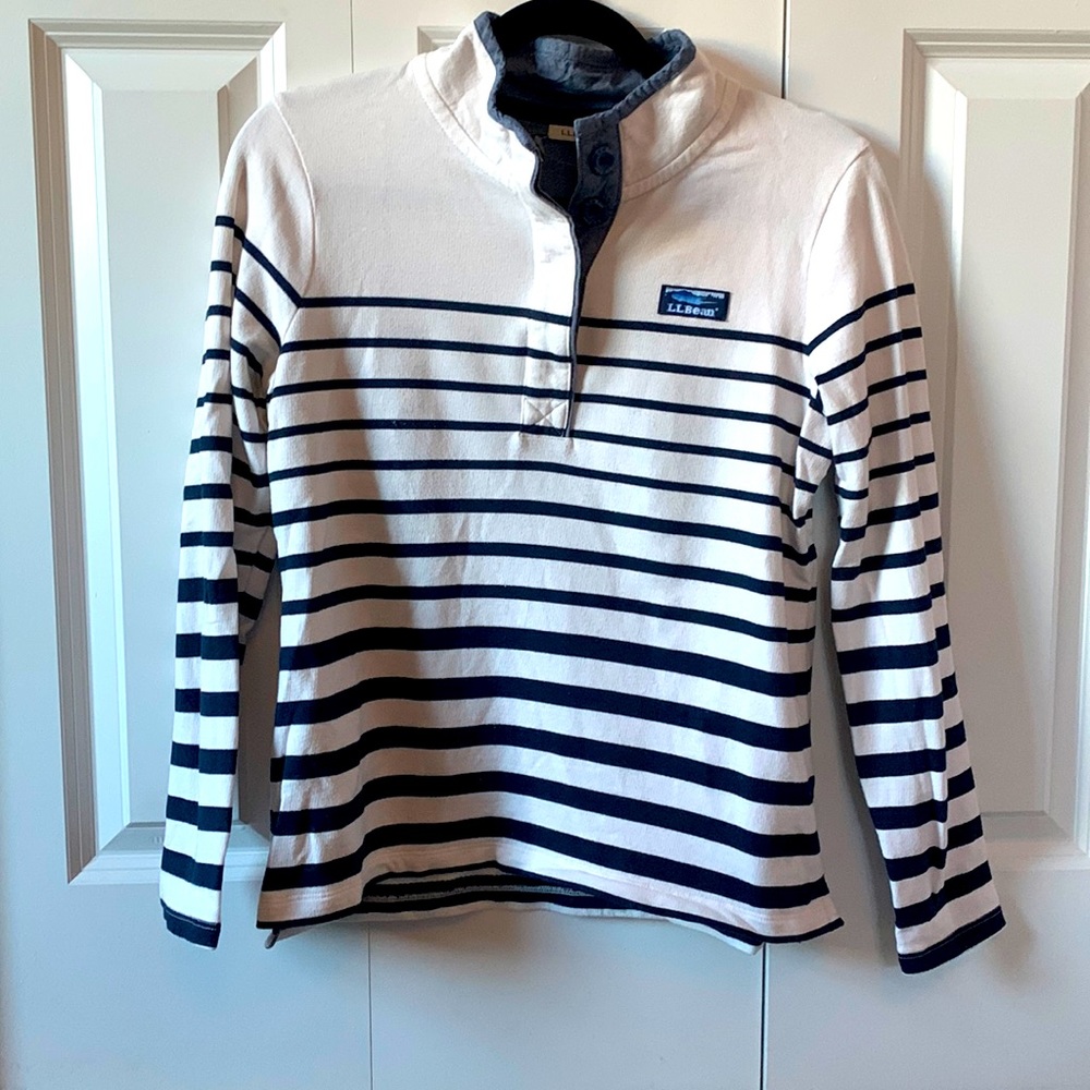 LL Bean small white sweater with navy stripes